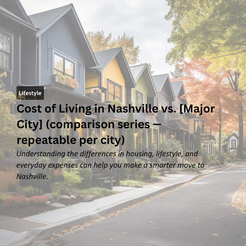Cost of Living in Nashville vs. [Major City] (comparison series — repeatable per city) header image.